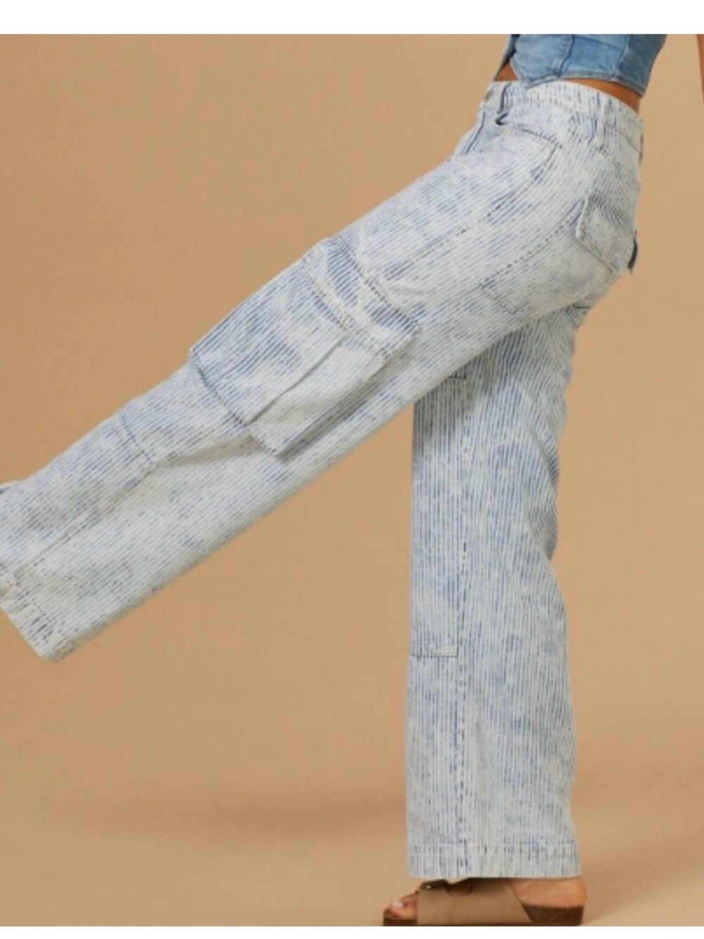 NWOT Altar'd State High Rise Washed Pinstripe Light Blue Cargo Pant